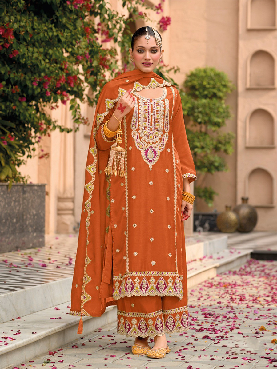 Orange Chinon Embroidery Wedding Party Festival Casual Palazzo Pant Salwar Kameez