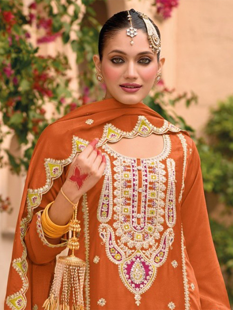 Orange Chinon Embroidery Wedding Party Festival Casual Palazzo Pant Salwar Kameez