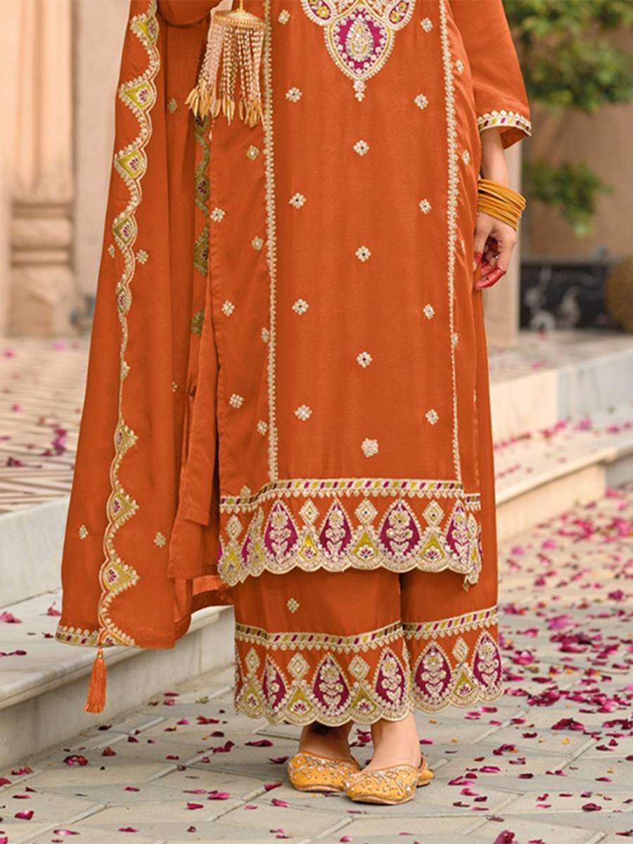 Orange Chinon Embroidery Wedding Party Festival Casual Palazzo Pant Salwar Kameez