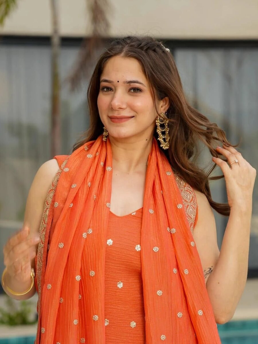 Orange Chinon Embroidery Wedding Party Festival Casual Ready Palazzo Pant Salwar Kameez