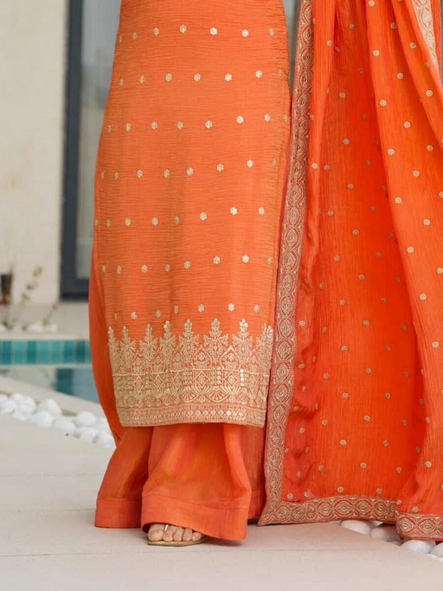 Orange Chinon Embroidery Wedding Party Festival Casual Ready Palazzo Pant Salwar Kameez