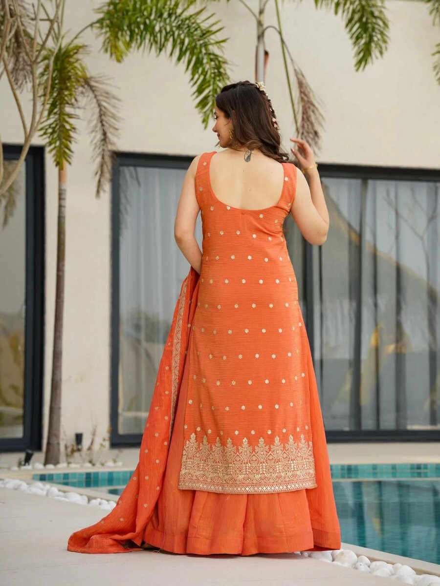 Orange Chinon Embroidery Wedding Party Festival Casual Ready Palazzo Pant Salwar Kameez