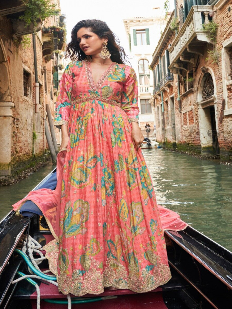 Image of Orange Chinon Embroidery Zari Sequins Wedding Party Festival Ready Anarkali Salwar Kameez