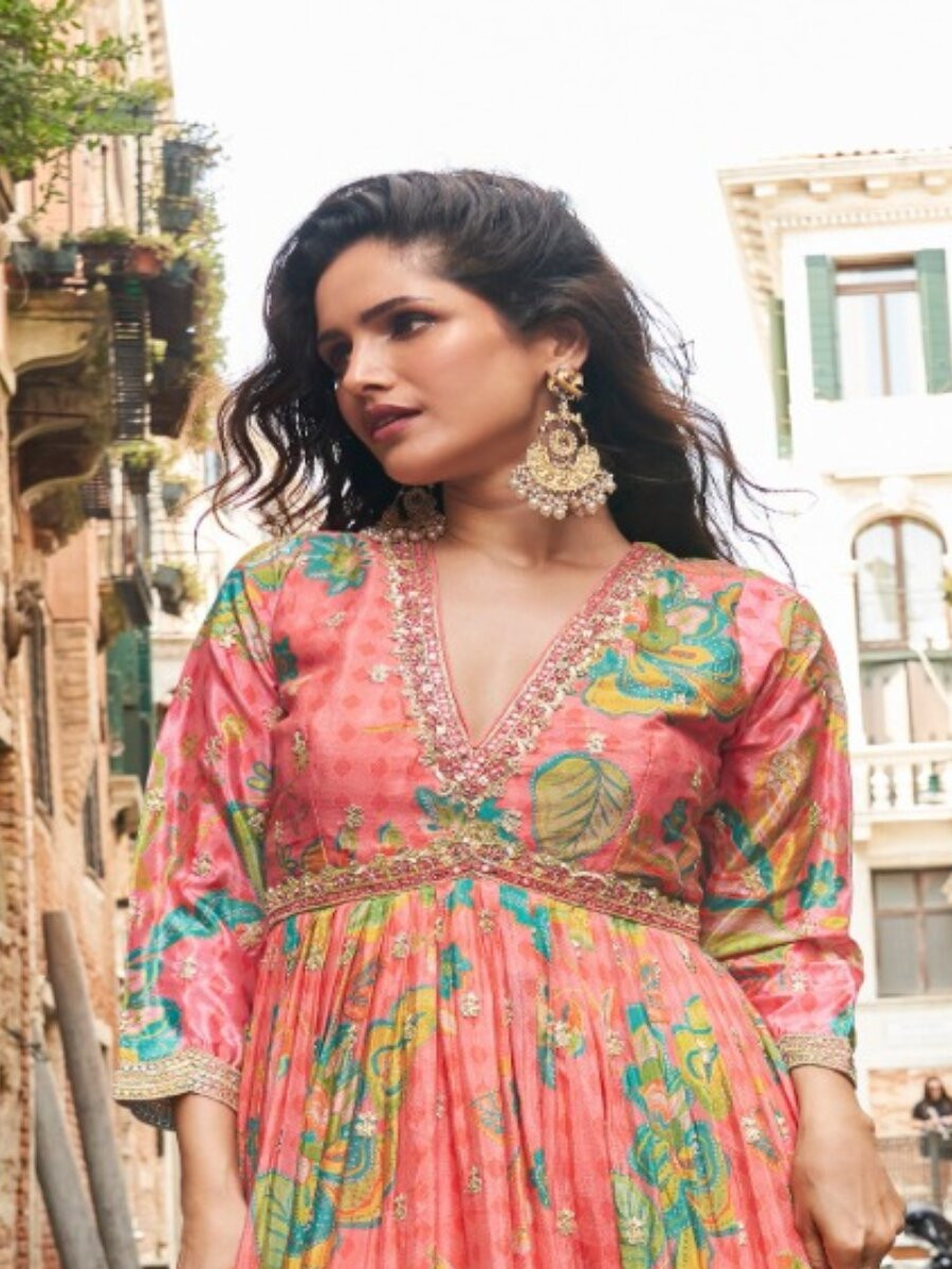 Orange Chinon Embroidery Zari Sequins Wedding Party Festival Ready Anarkali Salwar Kameez