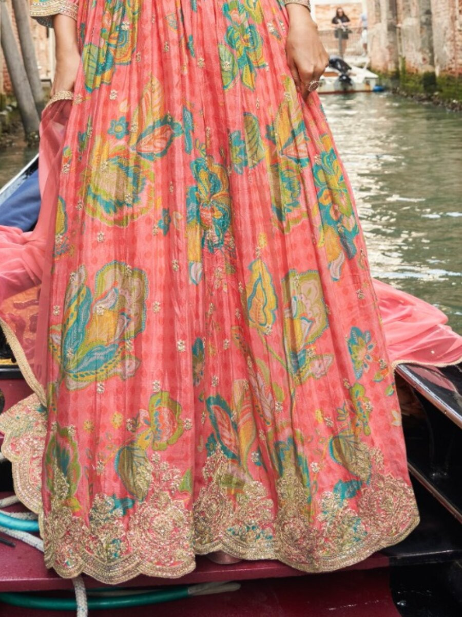 Orange Chinon Embroidery Zari Sequins Wedding Party Festival Ready Anarkali Salwar Kameez