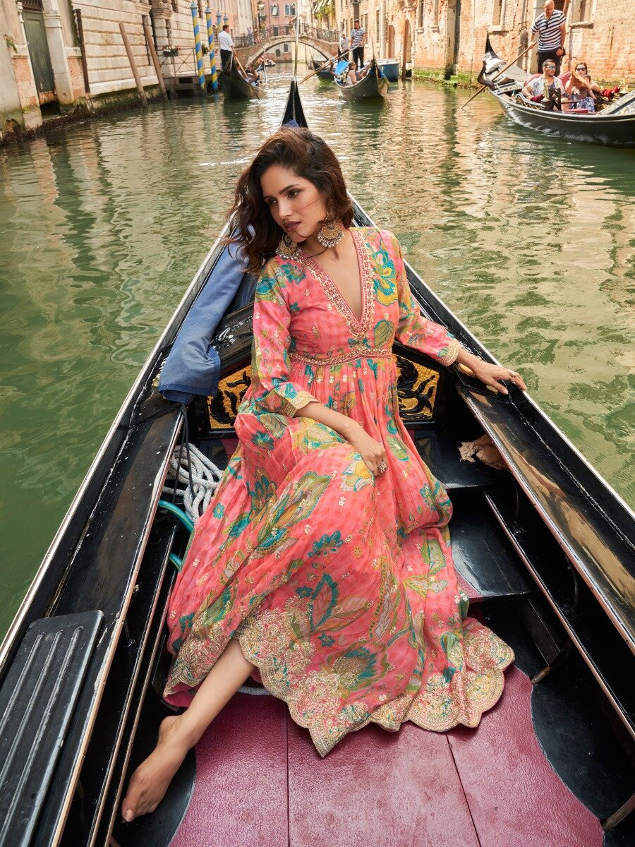 Orange Chinon Embroidery Zari Sequins Wedding Party Festival Ready Anarkali Salwar Kameez