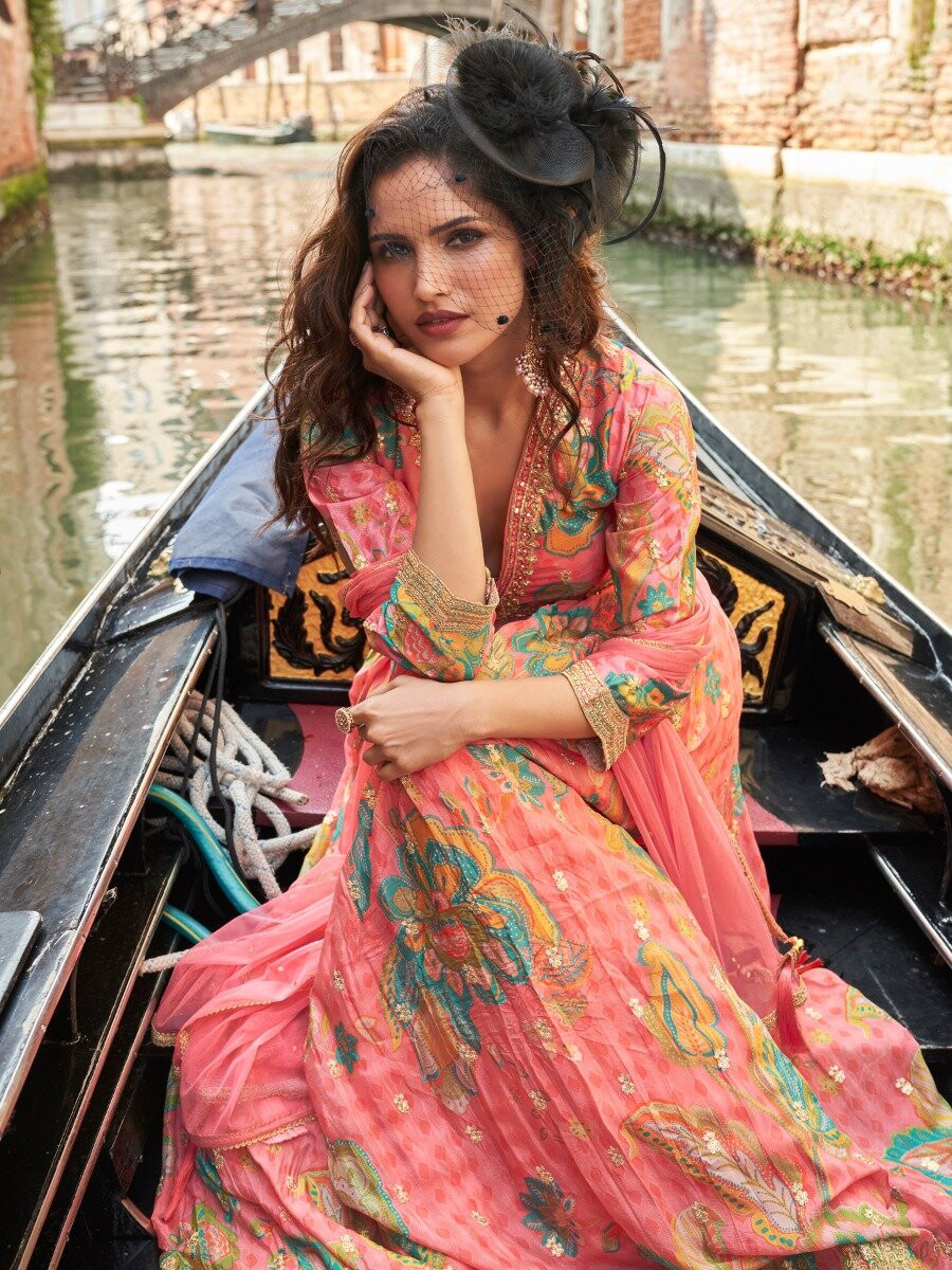 Orange Chinon Embroidery Zari Sequins Wedding Party Festival Ready Anarkali Salwar Kameez