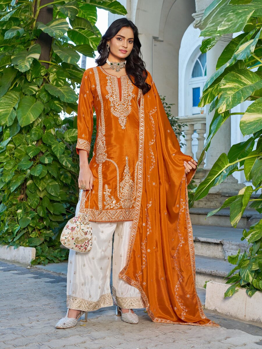 Orange Chinon Embroidery Zari Wedding Party Festival Casual Ready Palazzo Palazzo Pant Salwar Kameez