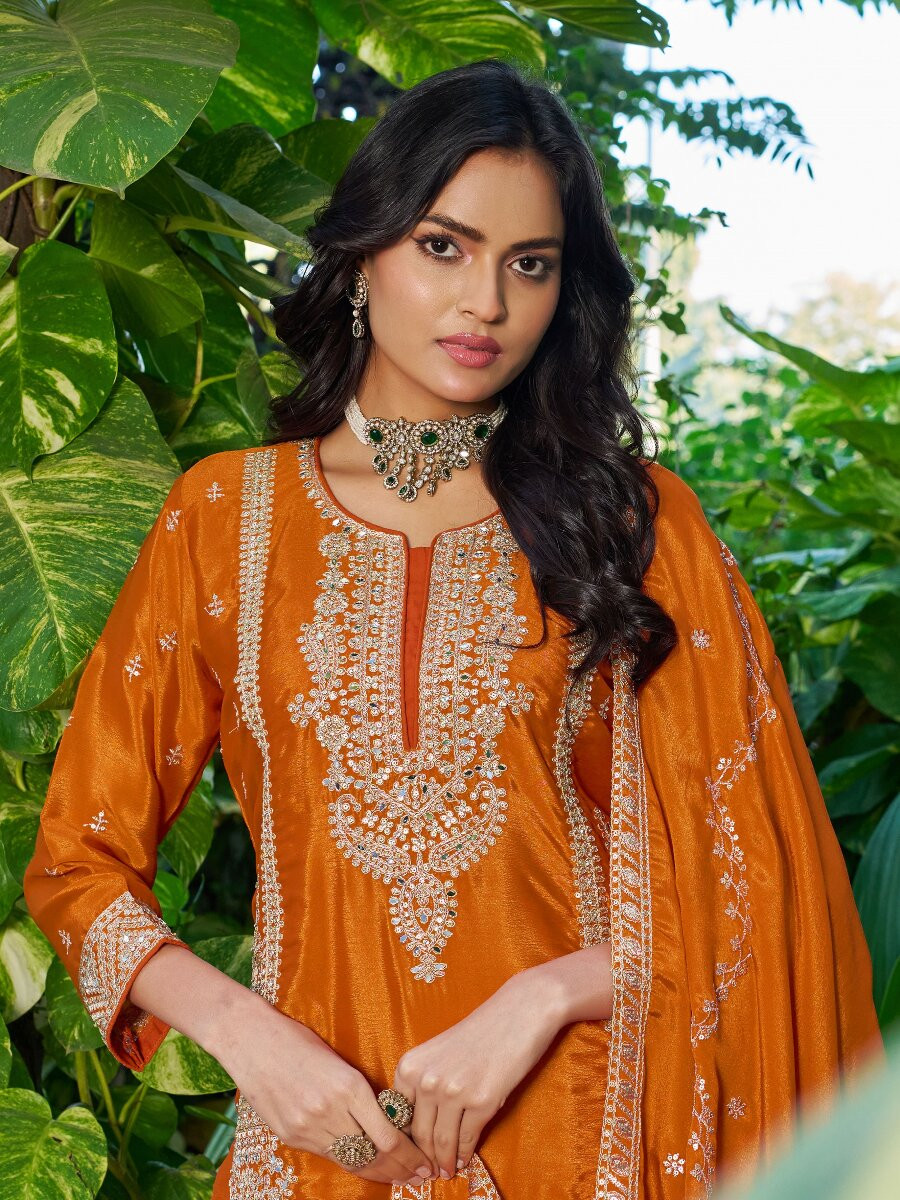 Orange Chinon Embroidery Zari Wedding Party Festival Casual Ready Palazzo Palazzo Pant Salwar Kameez