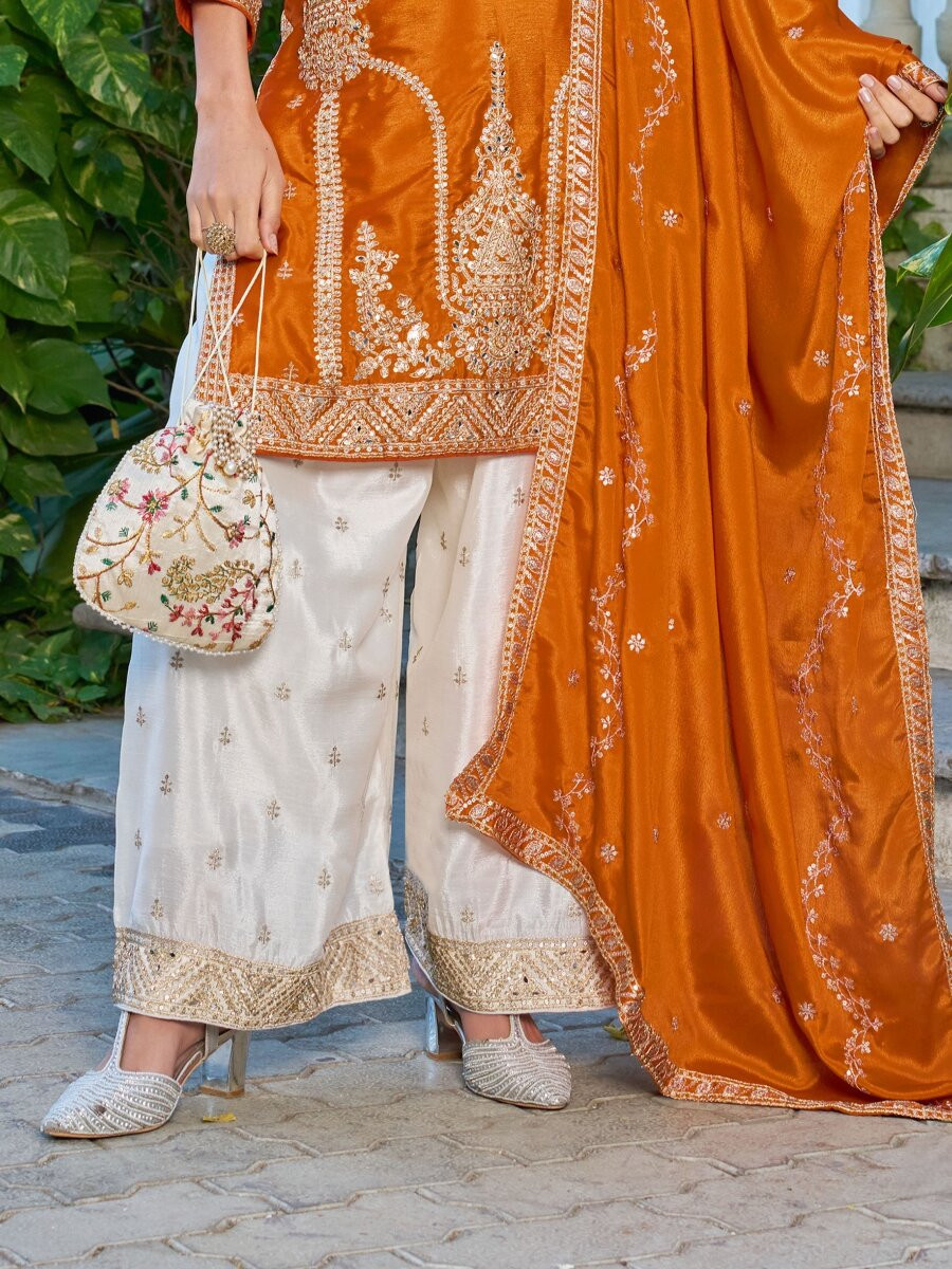 Orange Chinon Embroidery Zari Wedding Party Festival Casual Ready Palazzo Palazzo Pant Salwar Kameez