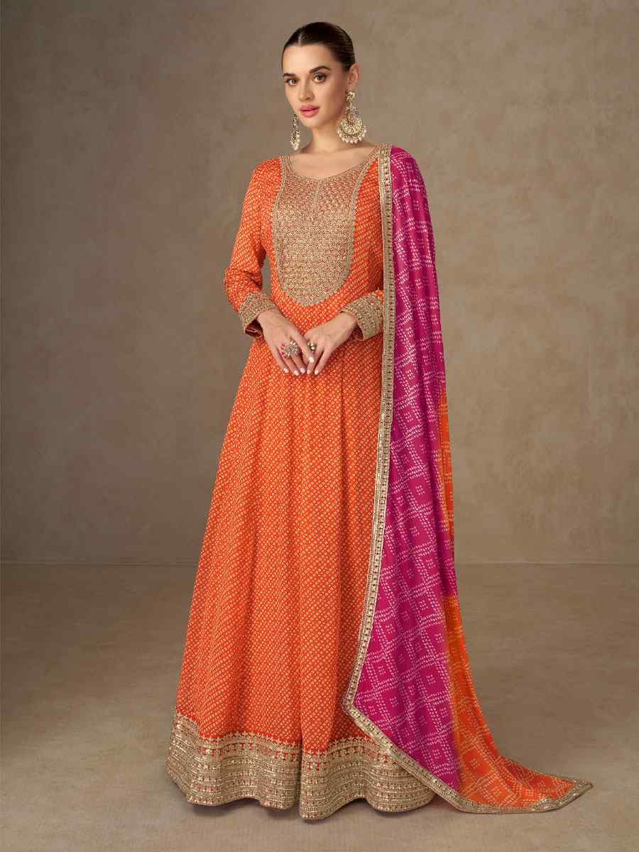 Orange Chinon Printed Embroidered Festival Casual Wedding Gown