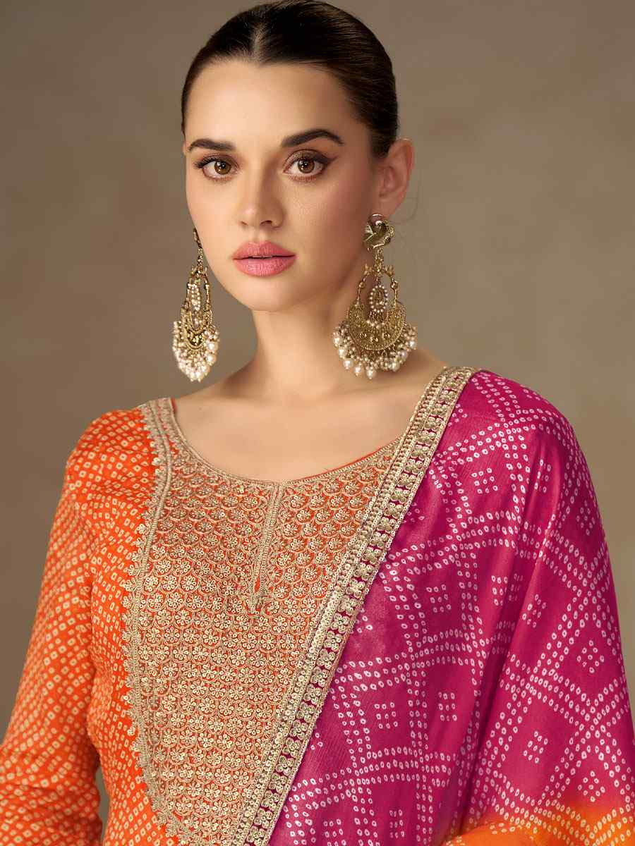 Orange Chinon Printed Embroidered  Festival Casual Wedding Gown