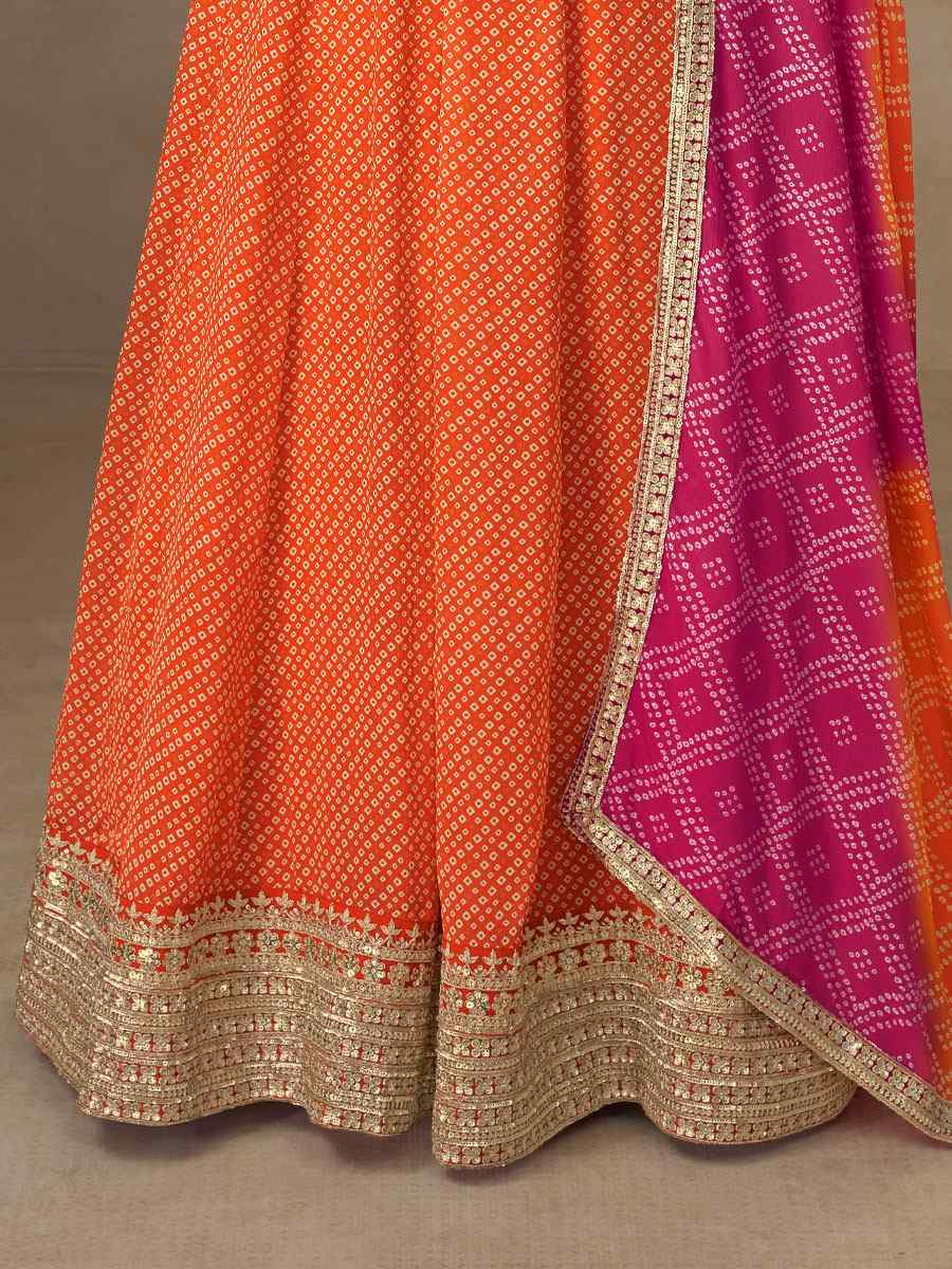 Orange Chinon Printed Embroidered Festival Casual Wedding Gown