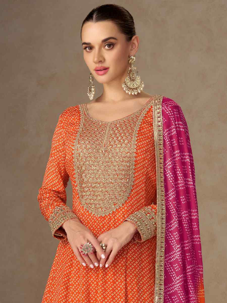 Orange Chinon Printed Embroidered Festival Casual Wedding Gown