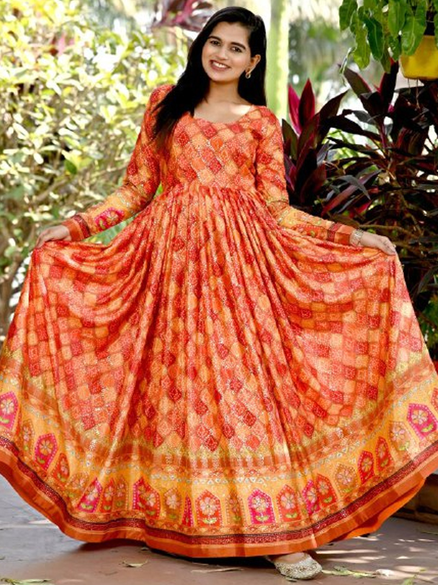 Orange Chinon Printed Festival Casual Gown