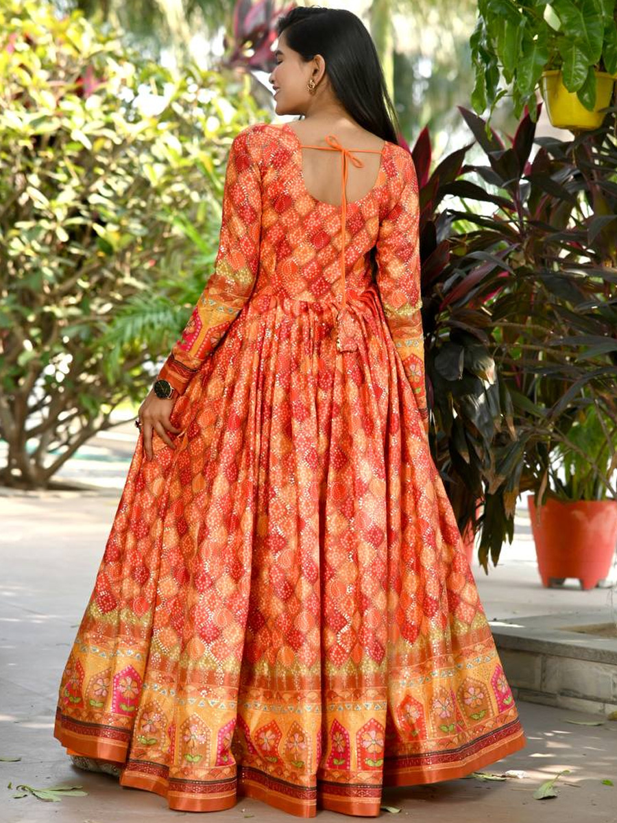 Orange Chinon Printed Festival Casual Gown