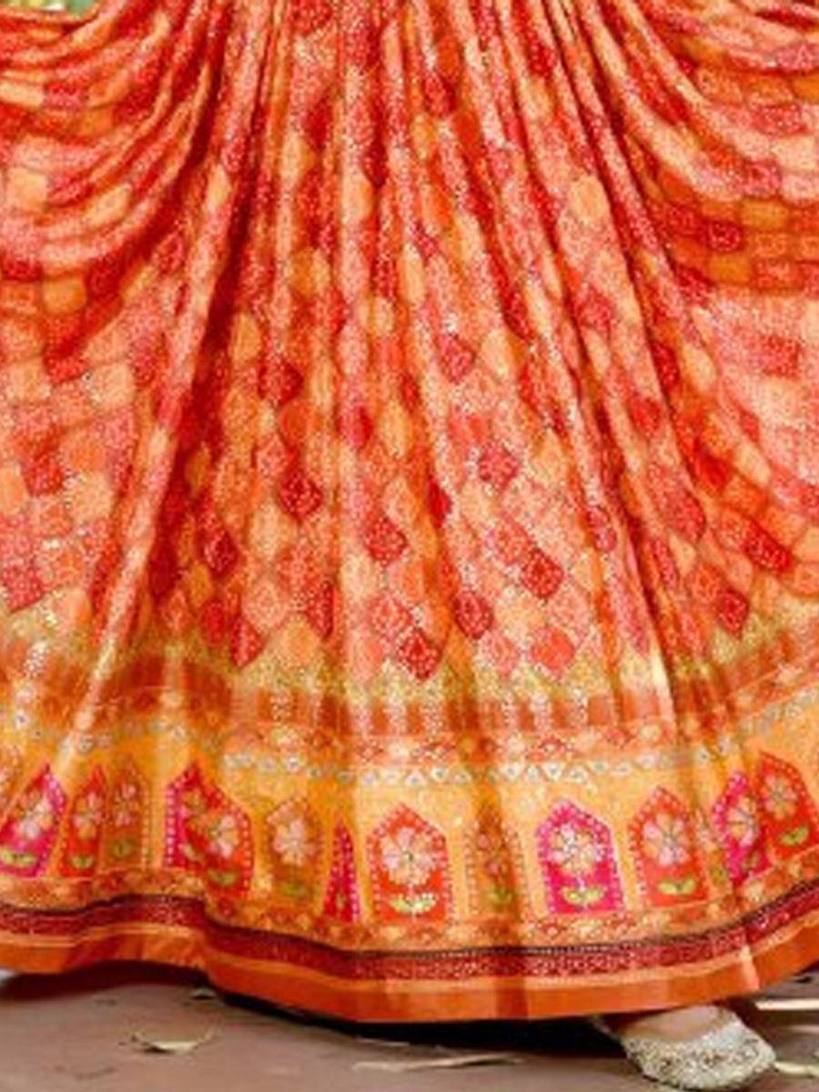 Orange Chinon Printed Festival Casual Gown
