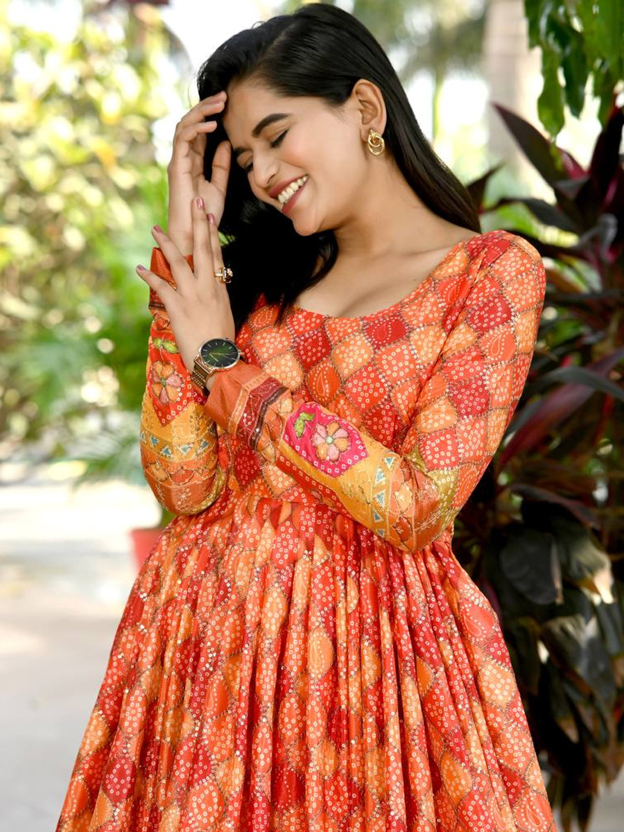 Orange Chinon Printed Festival Casual Gown