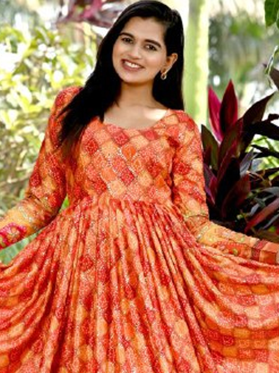 Orange Chinon Printed Festival Casual Gown