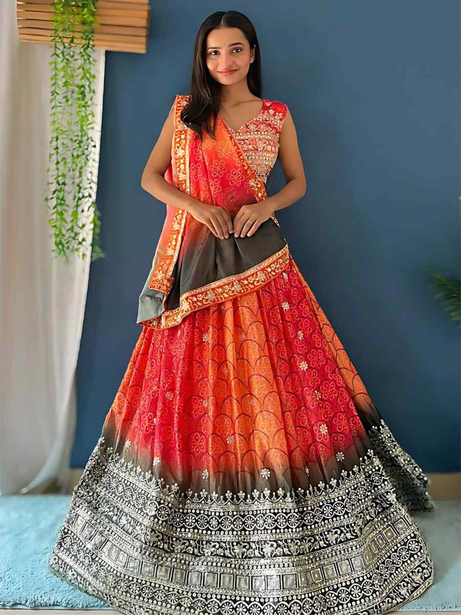 Orange Chinon Silk Embroidered Wedding Festival Heavy Border Lehenga Choli