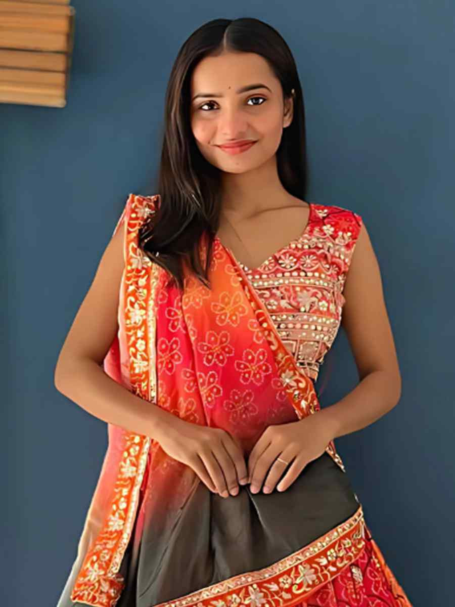 Orange Chinon Silk Embroidered Wedding Festival Heavy Border Lehenga Choli