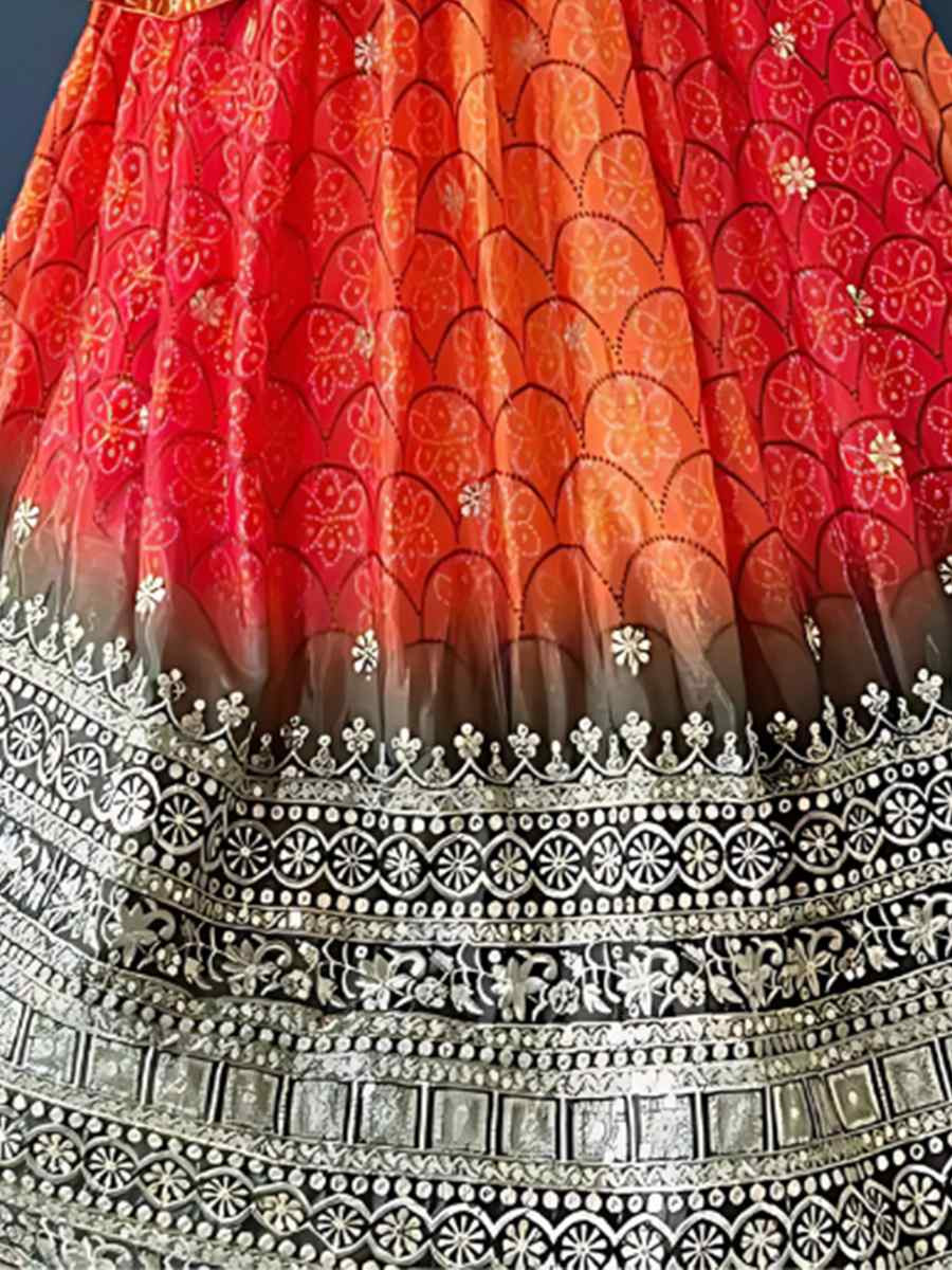 Orange Chinon Silk Embroidered Wedding Festival Heavy Border Lehenga Choli