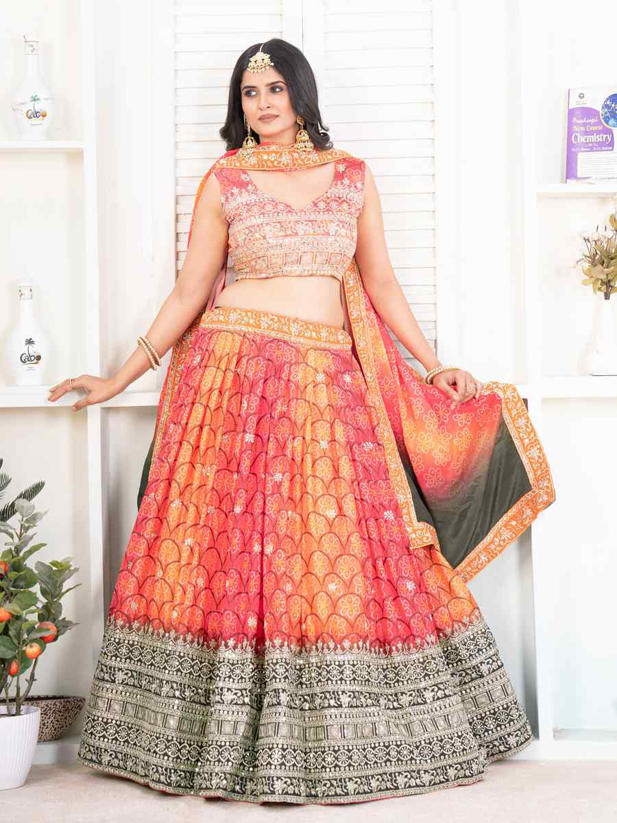 Orange Chinon Silk Embroidered Wedding Festival Heavy Border Lehenga Choli