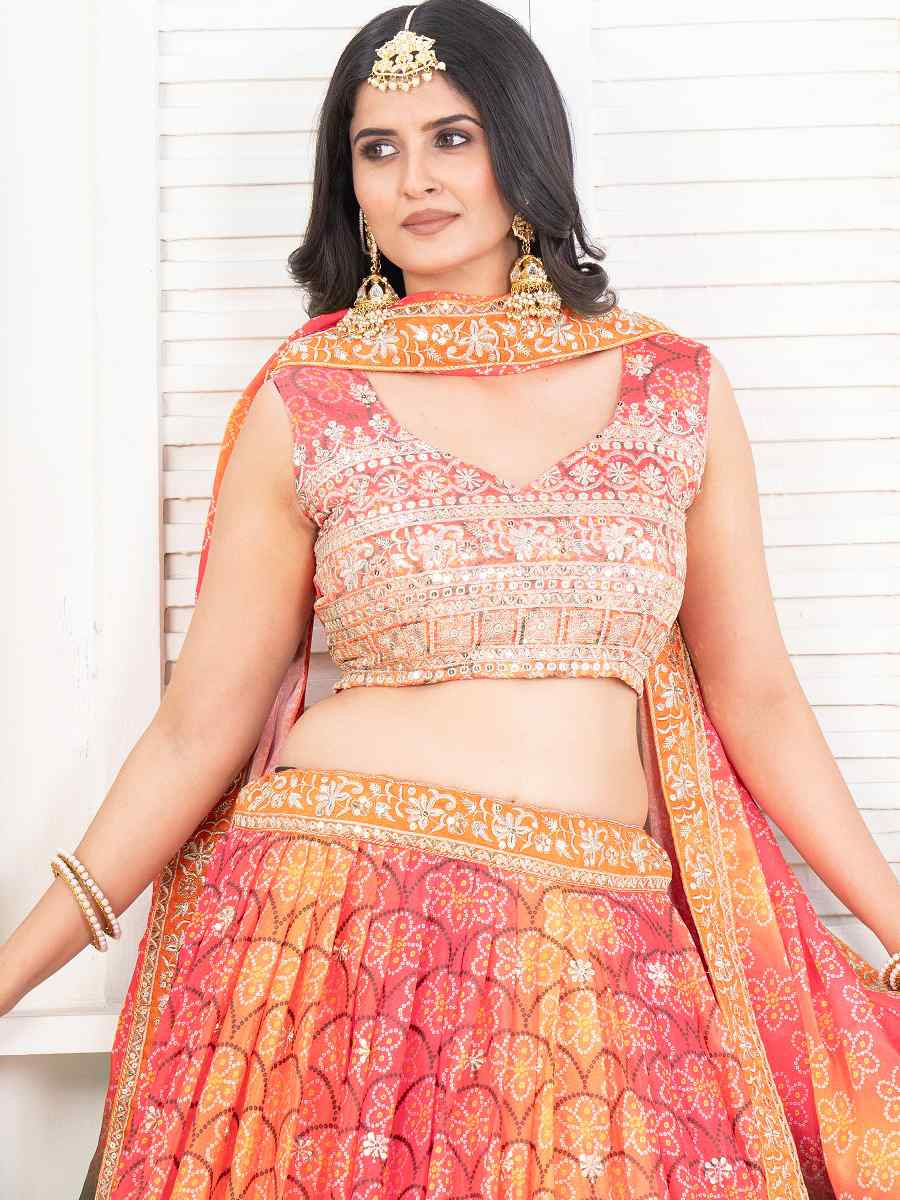 Orange Chinon Silk Embroidered Wedding Festival Heavy Border Lehenga Choli