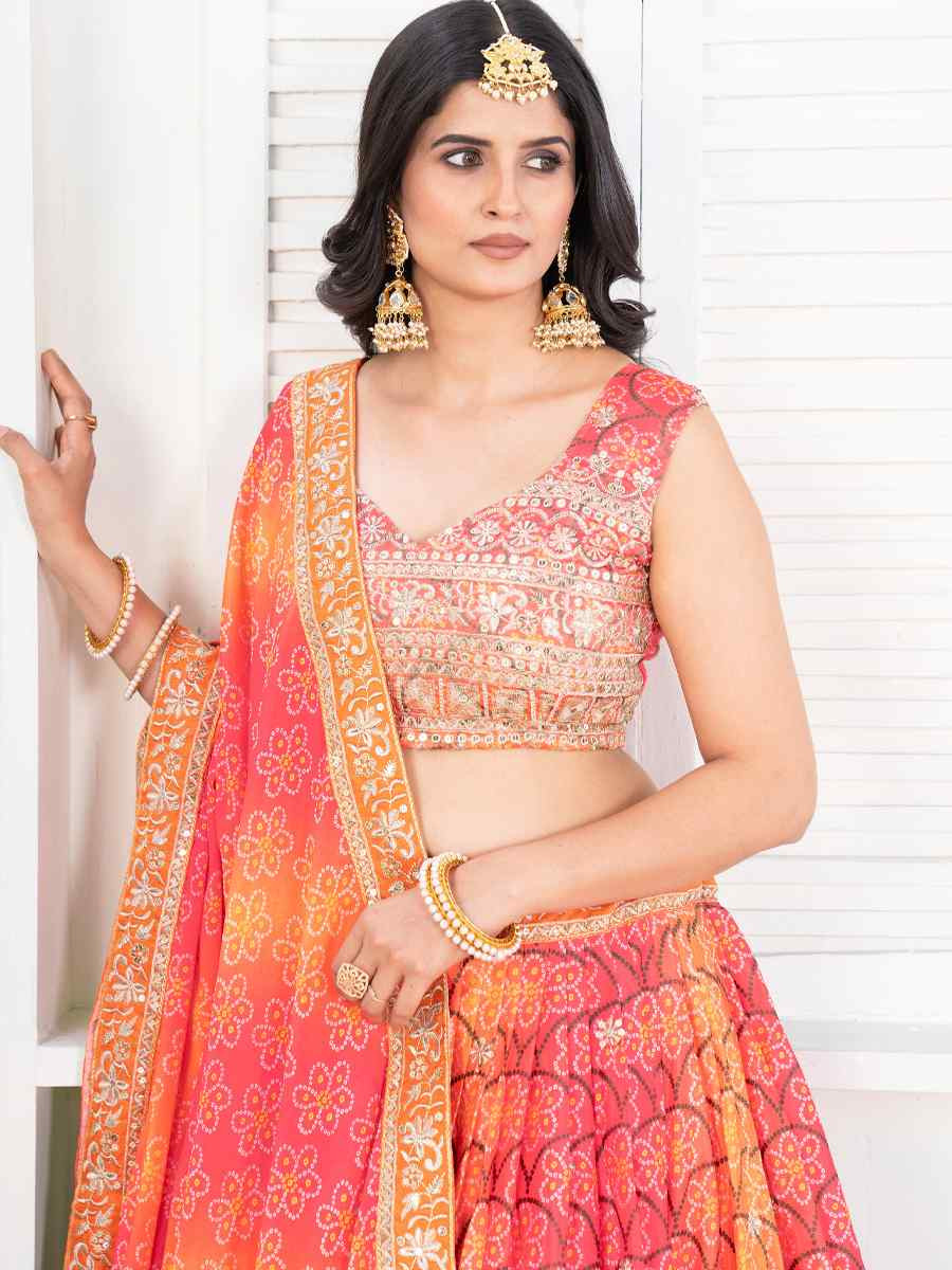 Orange Chinon Silk Embroidered Wedding Festival Heavy Border Lehenga Choli