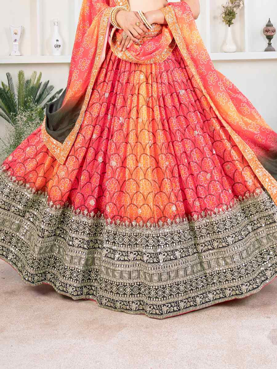 Orange Chinon Silk Embroidered Wedding Festival Heavy Border Lehenga Choli