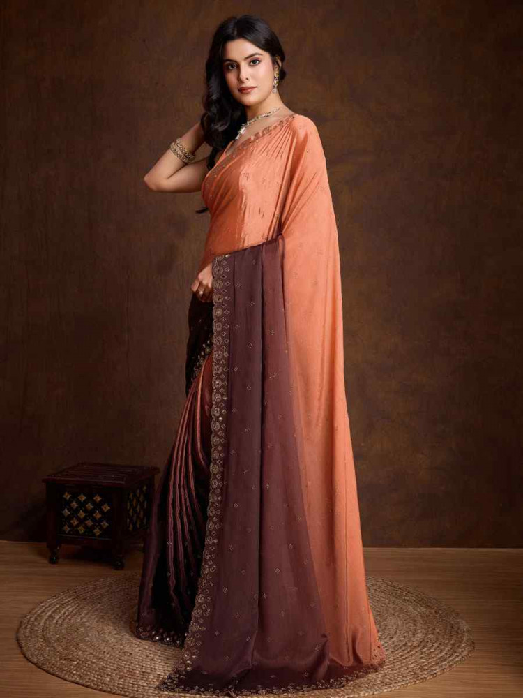 Image of Orange Chinon Silk Embroidery Casual Reception Festival Wedding Fancy Heavy Border Sarees