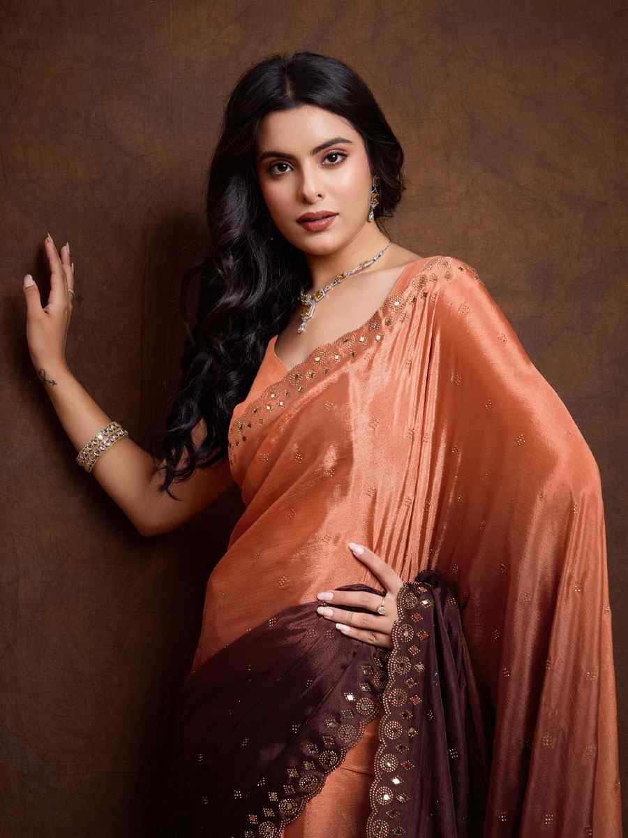 Orange Chinon Silk Embroidery Casual Reception Festival Wedding Fancy Heavy Border Sarees