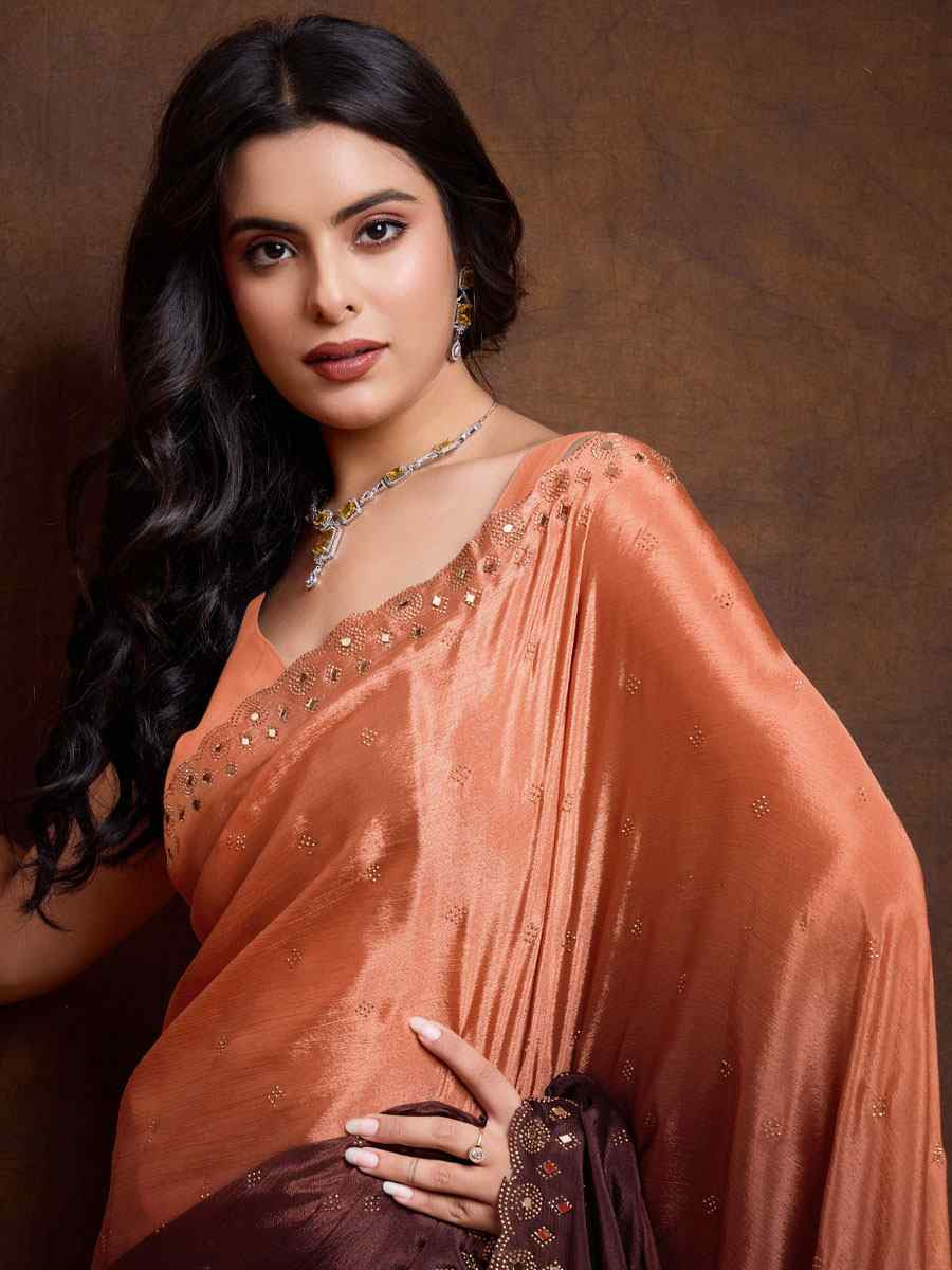 Orange Chinon Silk Embroidery Casual Reception Festival Wedding Fancy Heavy Border Sarees