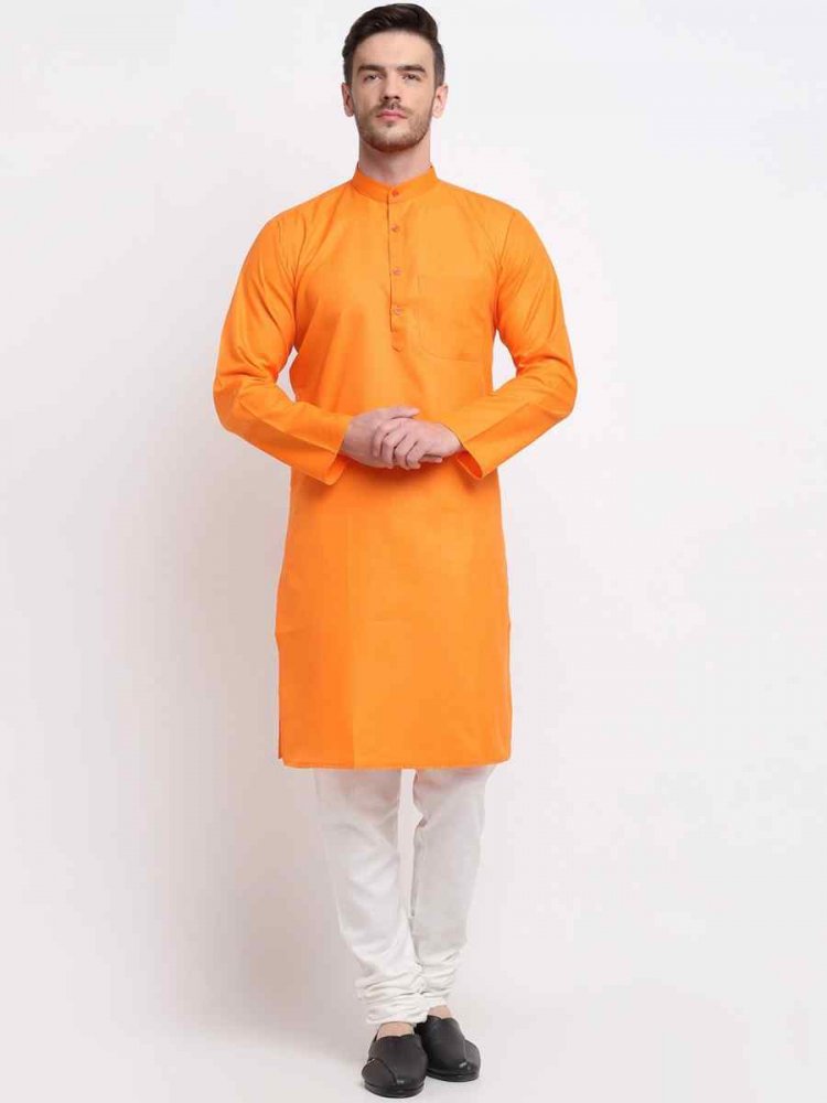 Orange Cotton Blend Plain Festival Casual Kurta