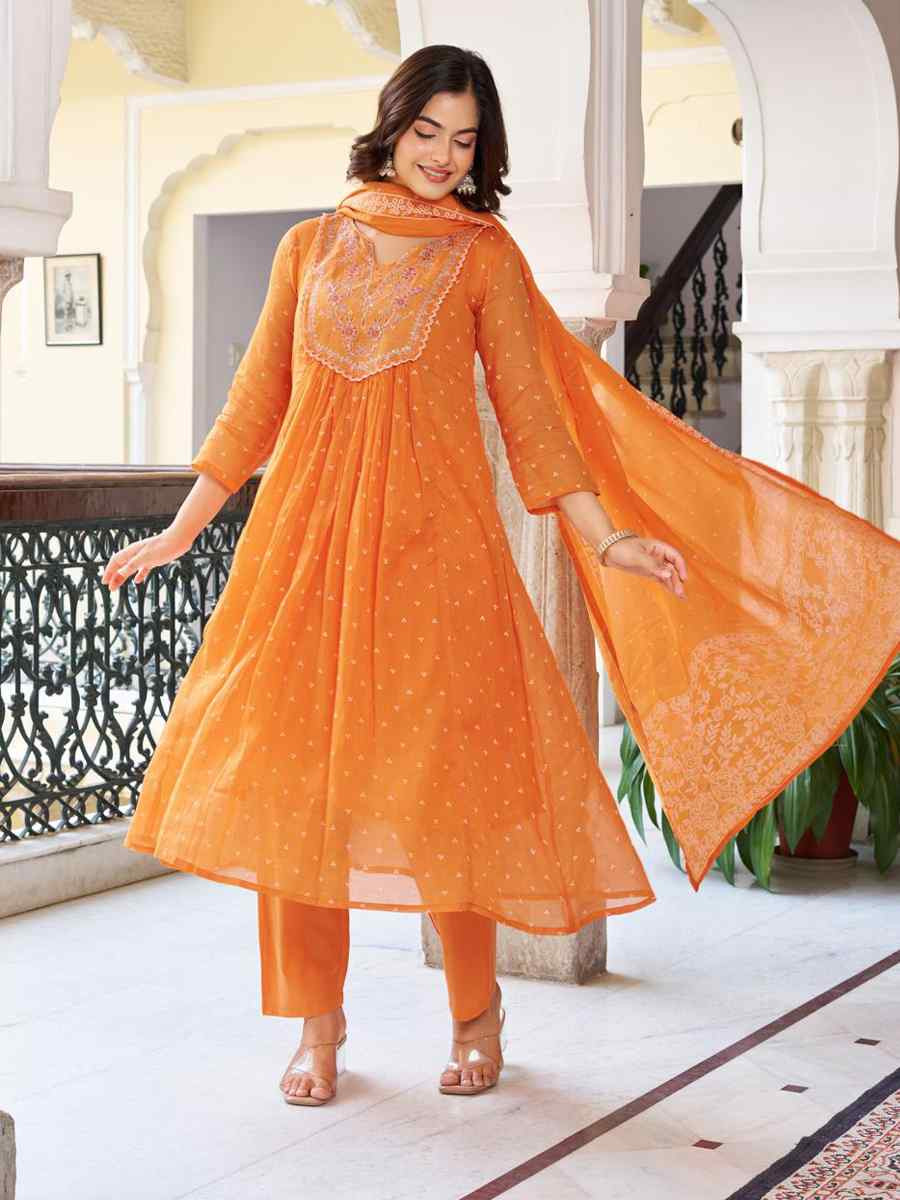 Orange Cotton Embroidered Festival Casual Ready Pant Salwar Kameez
