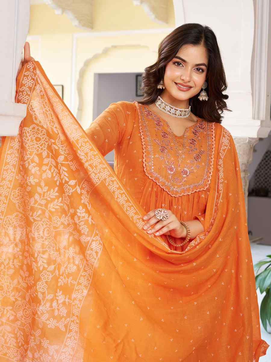 Orange Cotton Embroidered Festival Casual Ready Pant Salwar Kameez