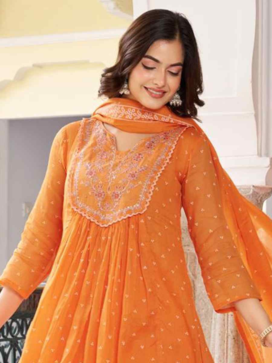 Orange Cotton Embroidered Festival Casual Ready Pant Salwar Kameez