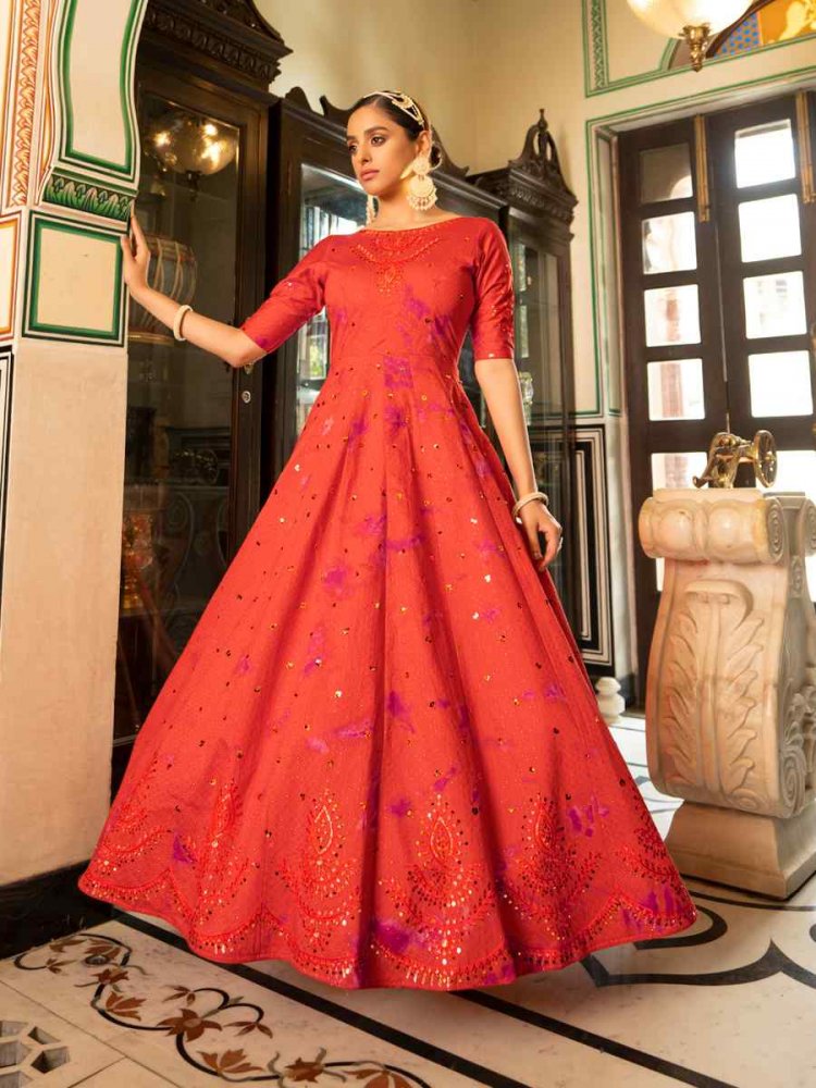 Orange Cotton Embroidered Party Wedding Gown