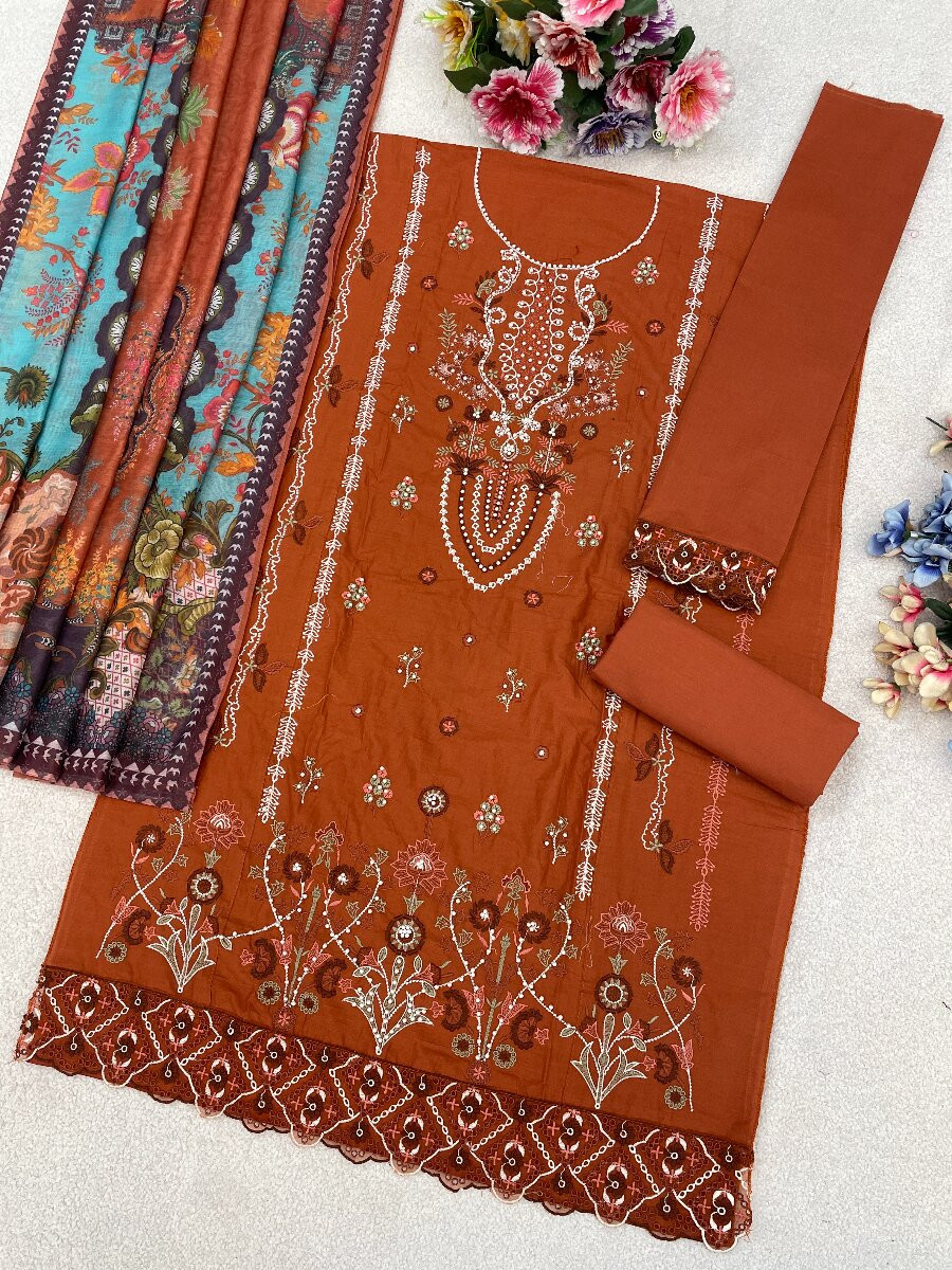 Orange Cotton Embroidery Sequins Zari Wedding Party Festival Casual Pant Salwar Kameez