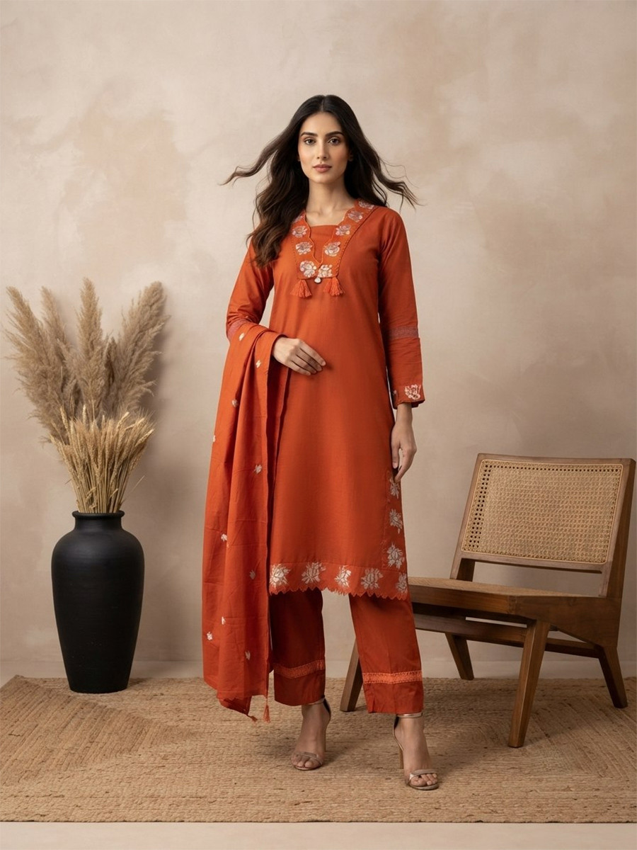 Orange Cotton Embroidery Wedding Party Festival Casual Ready Palazzo Pant Salwar Kameez