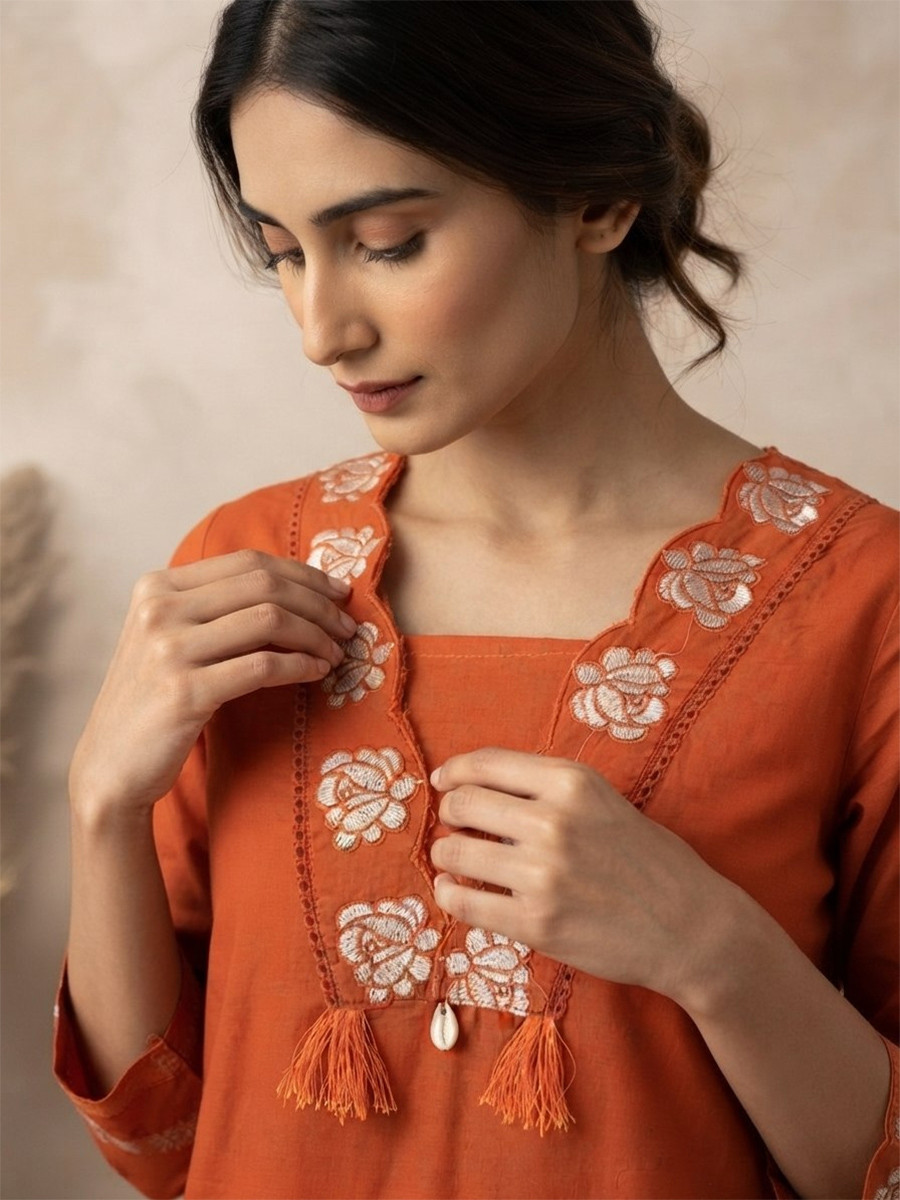 Orange Cotton Embroidery Wedding Party Festival Casual Ready Palazzo Pant Salwar Kameez