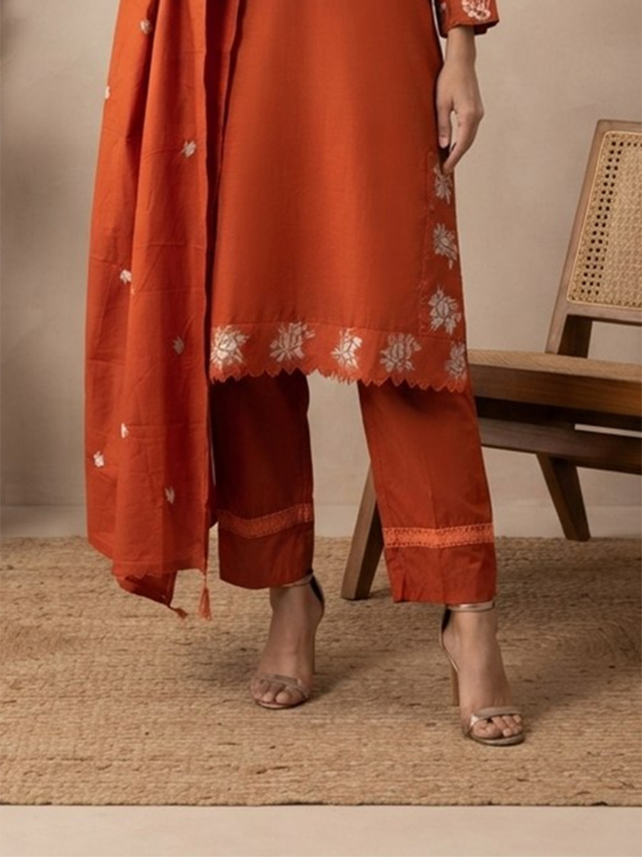 Orange Cotton Embroidery Wedding Party Festival Casual Ready Palazzo Pant Salwar Kameez