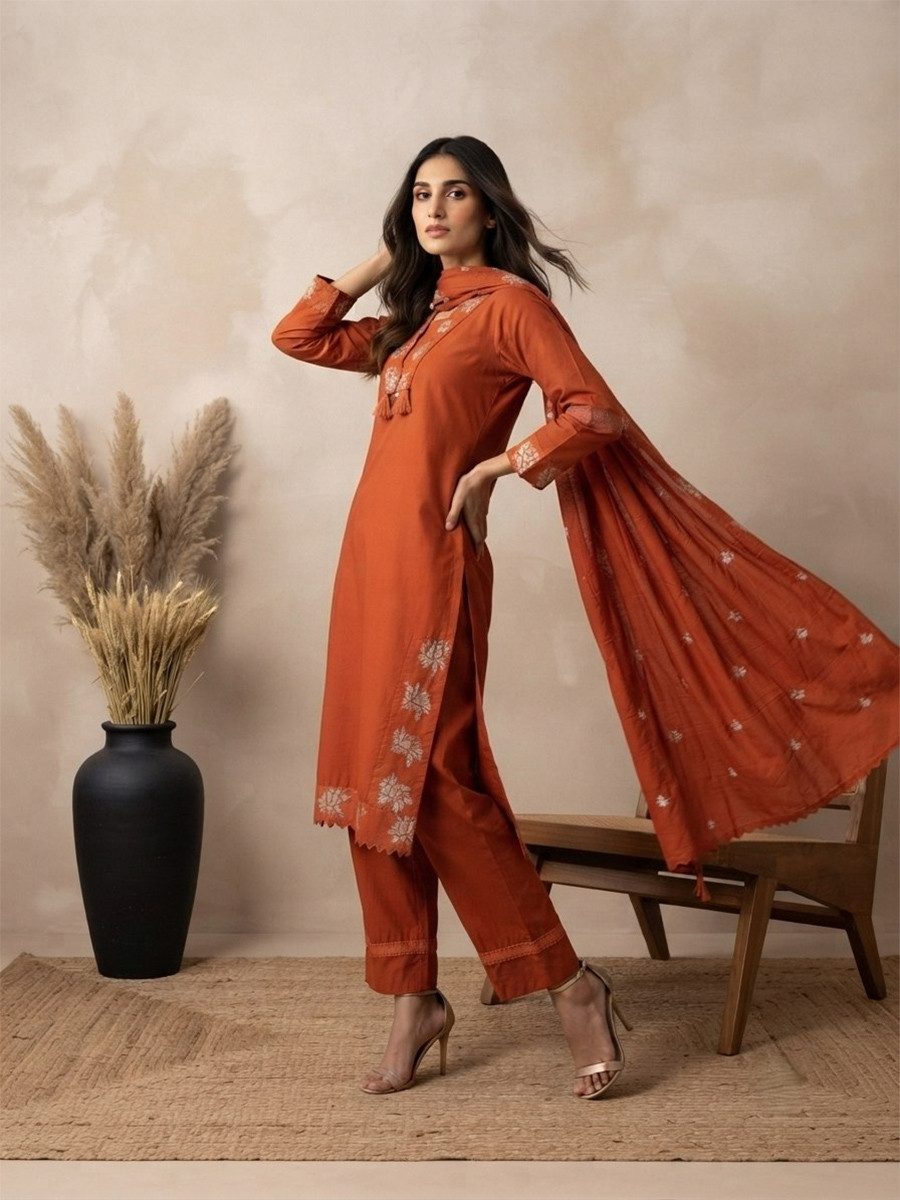 Orange Cotton Embroidery Wedding Party Festival Casual Ready Palazzo Pant Salwar Kameez