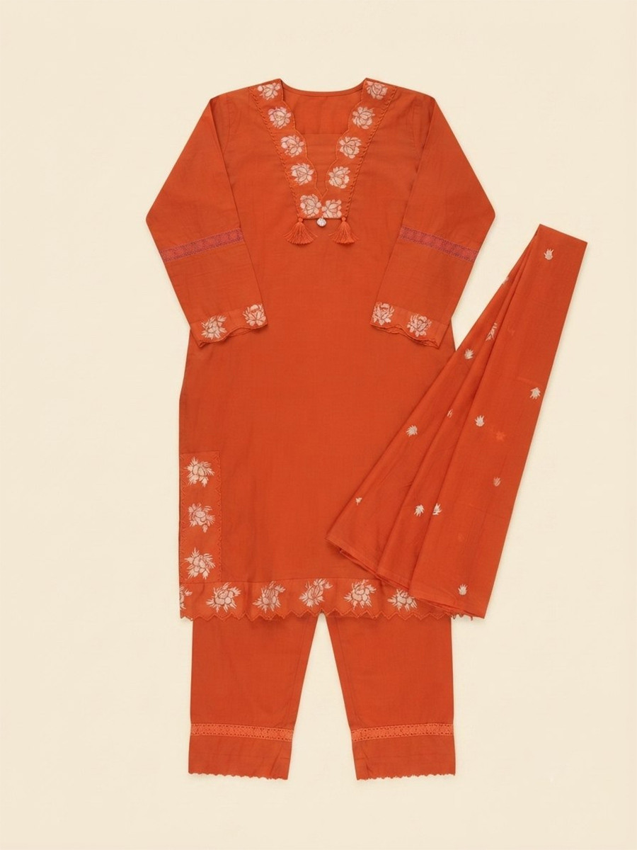 Orange Cotton Embroidery Wedding Party Festival Casual Ready Palazzo Pant Salwar Kameez