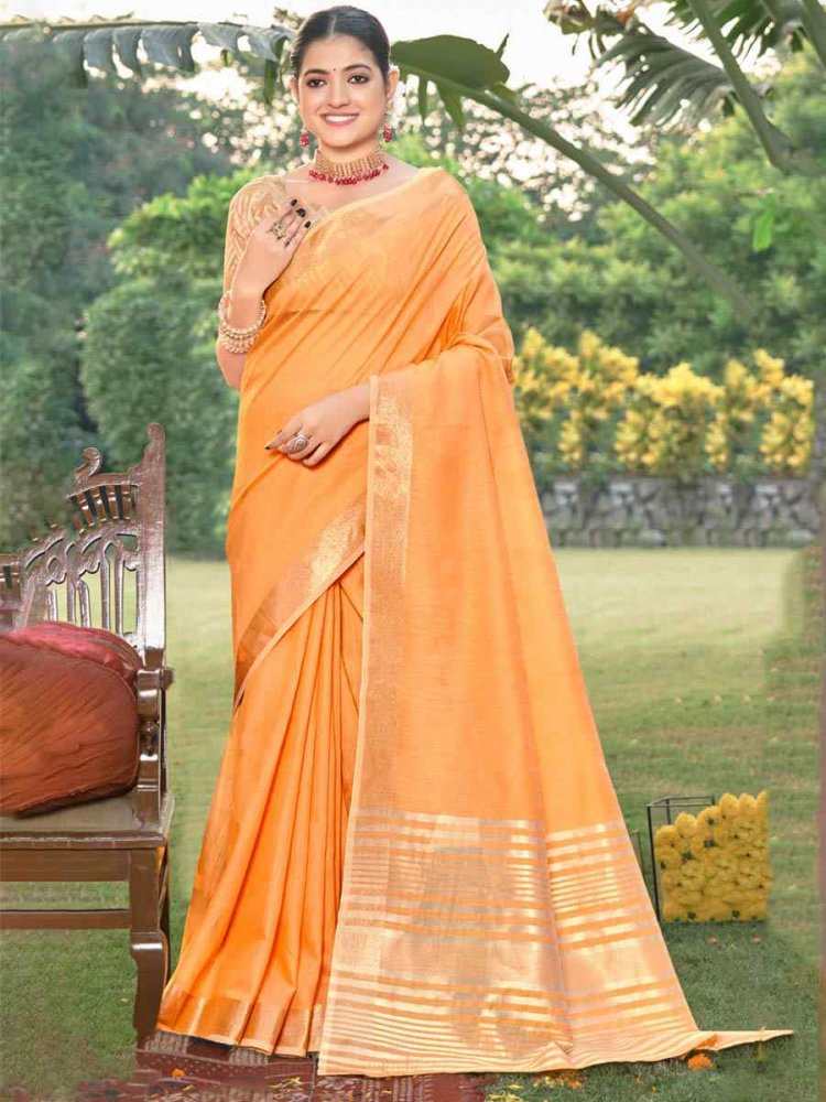 Orange Cotton Handwoven Casual Festival Heavy Border Saree