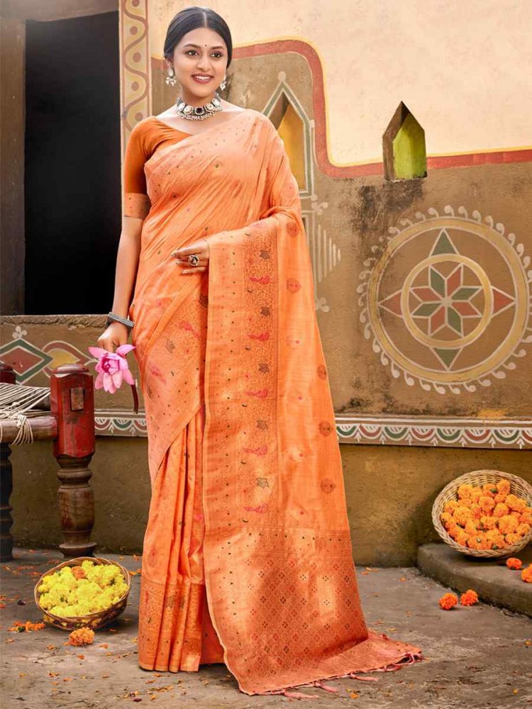 Orange Cotton Handwoven Wedding Festival Heavy Border Saree