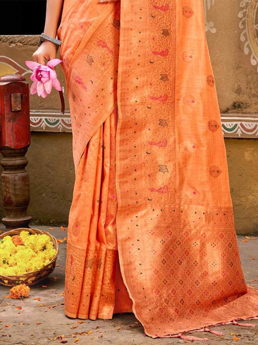 Orange Cotton Handwoven Wedding Festival Heavy Border Saree