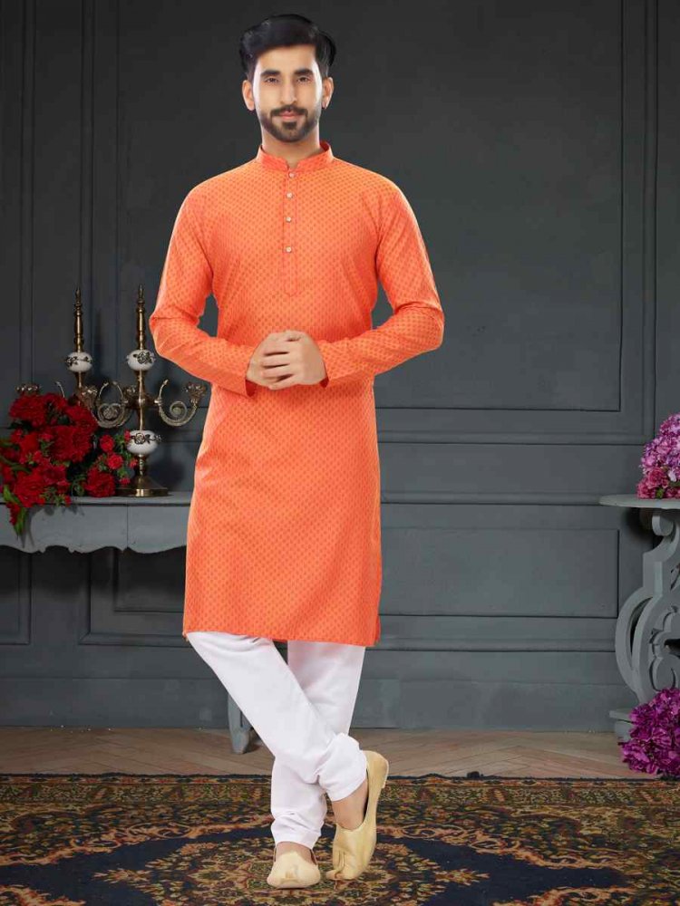 Orange Cotton Jecquard Printed Festival Party Kurta