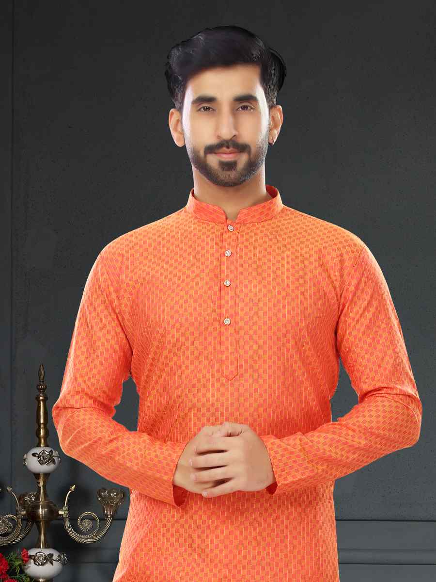 Orange Cotton Jecquard Printed Festival Party Kurta