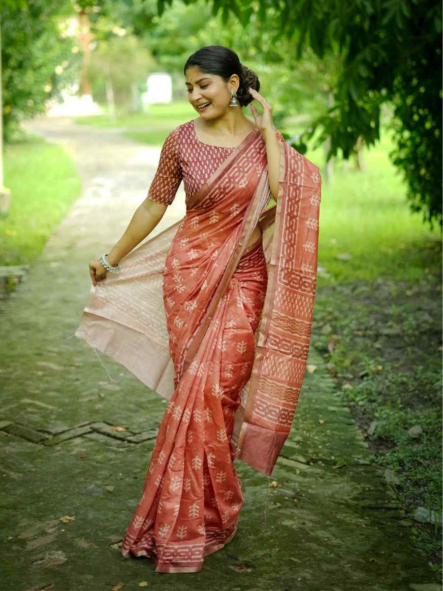 Orange Cotton Printed Casual Reception Festival Wedding Fancy Classic Style Sarees